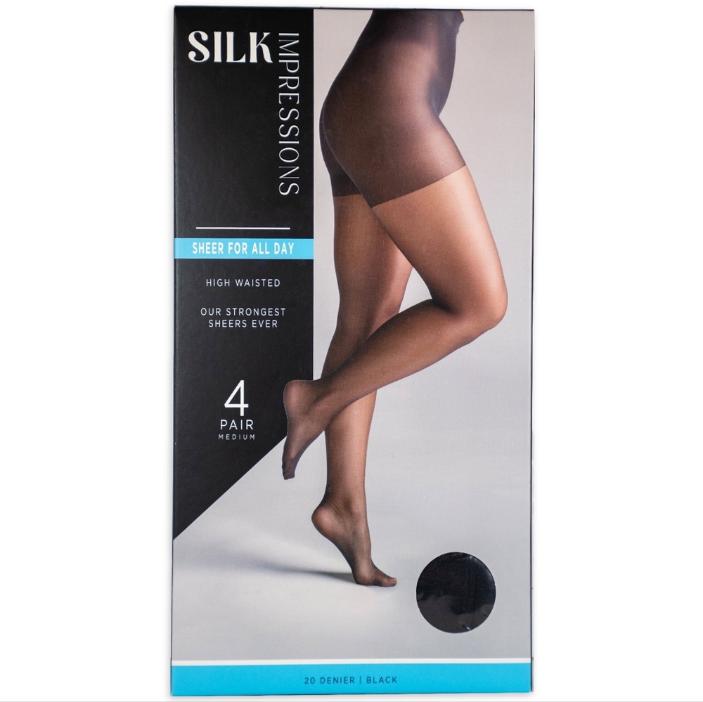 Silk Impressions Sheer Pantyhose Nylon Stockings 4-Pack Sz XXXL 20‎ Denier Black
